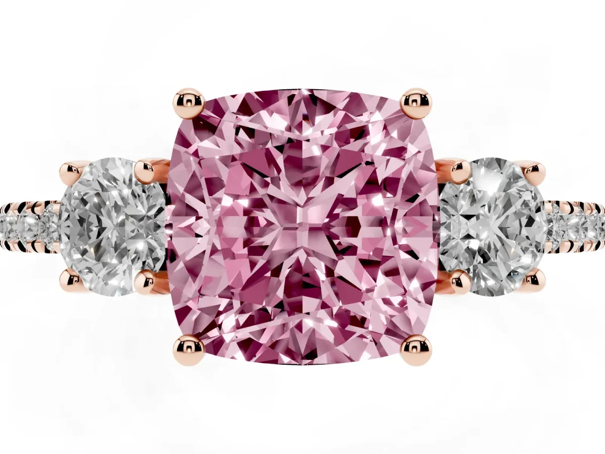 Fancy Pink Three-Stone Cushion Cut Cut Diamond Pavé Band with Prong Setting Rose gold