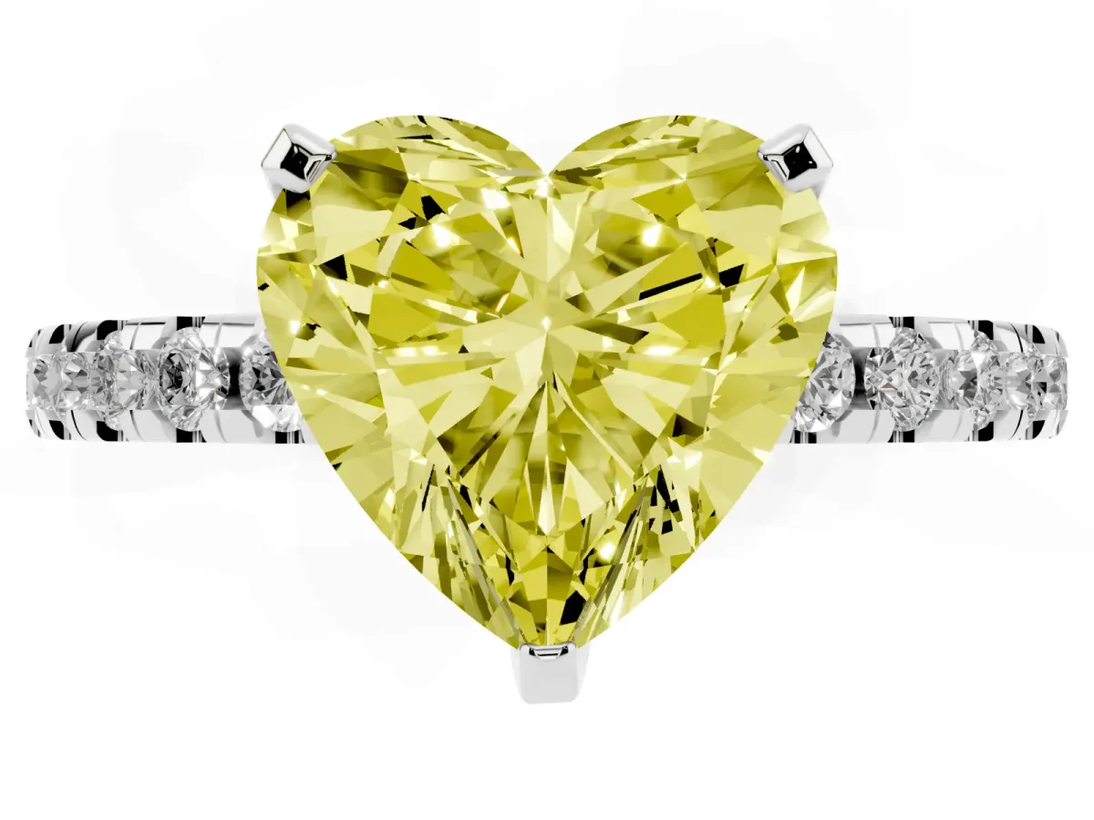 Fancy Yellow Heart Cut Diamond Solitaire Ring with Round Pavé Band and Four-Prong Setting Silver