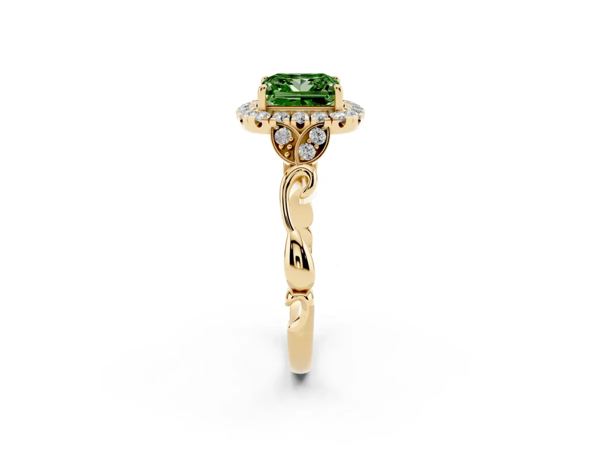 Fancy Green Princess Cut Halo Diamond Engagement Ring with Vintage-Inspired Band and Four-Prong Setting Yellow gold
