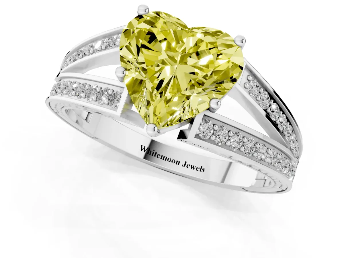 Fancy Yellow Heart Cut Diamond Split Shank Ring with Pavé Band and Four-Prong Setting Platinum