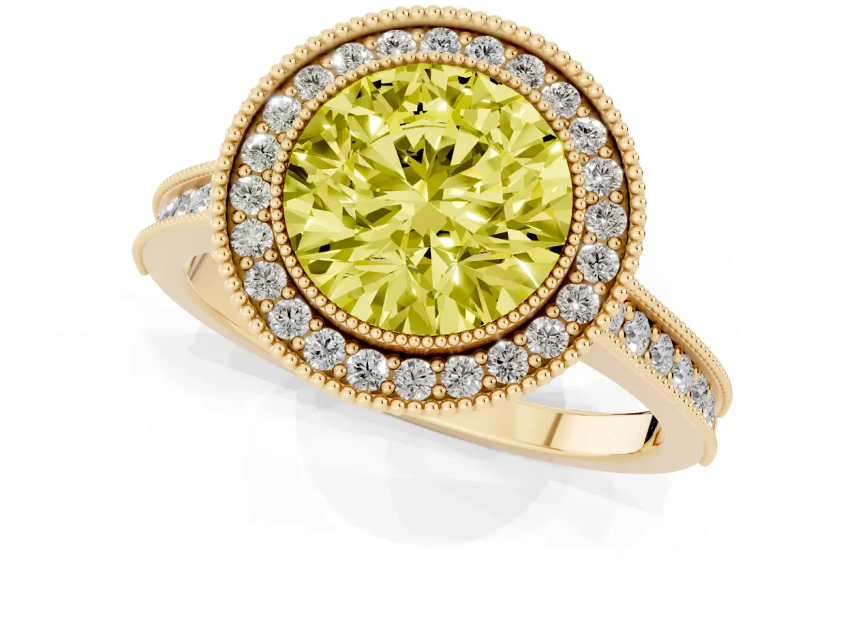 Fancy Yellow Halo Round Cut-Cut Diamond Pave Band Milgrain Prong Setting Ring Yellow gold