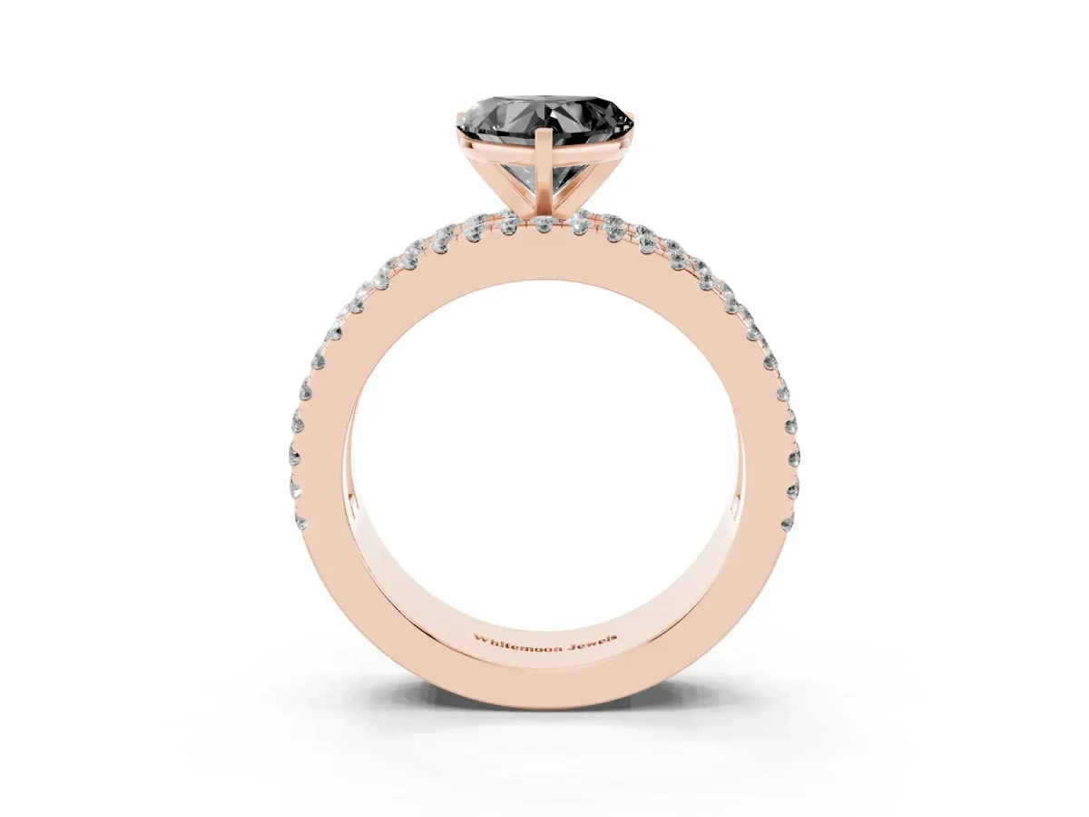 Fancy Black Heart Cut Diamond Solitaire Ring with Pavé and Channel Set Band Rose gold