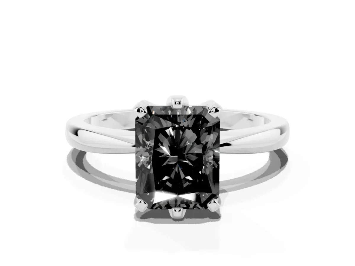 Fancy Black Radiant Cut Solitaire Engagement Ring with Six-Prong Setting and Tapered Band Platinum