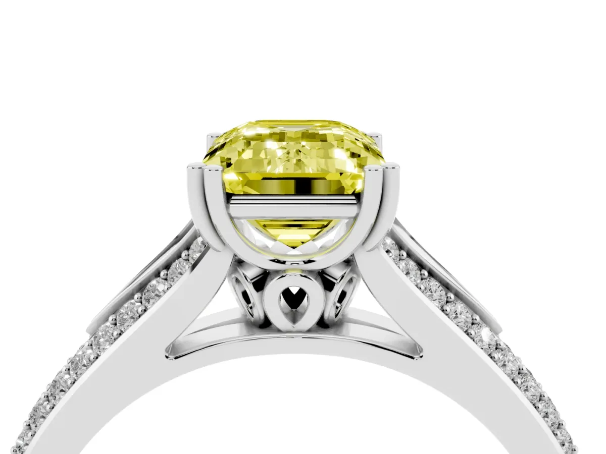 Fancy Yellow Emerald Cut Diamond Split Shank Engagement Ring with Pavé Band Silver