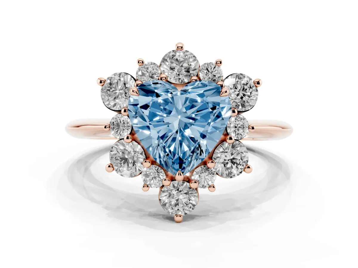Fancy Blue Heart Cut Diamond Cluster Halo Ring with Solitaire Band and Four-Prong Setting Rose gold
