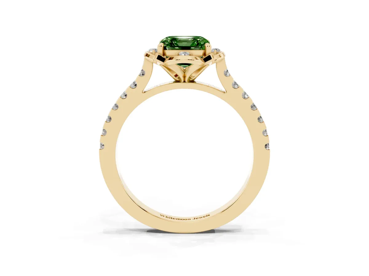Fancy Green Asscher Cut Diamond Ring with Pavé Band and Floral Prong Setting Yellow gold