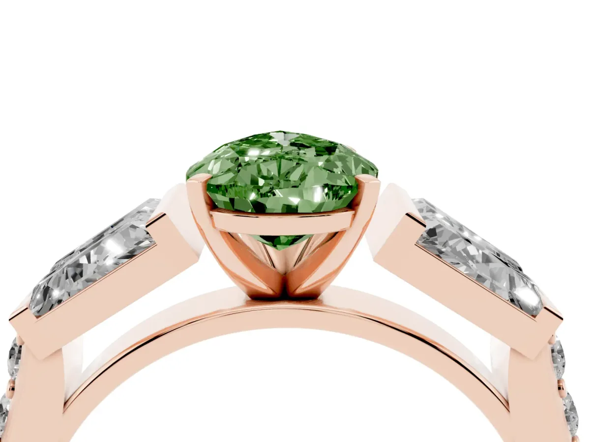 Fancy Green Pear Cut Diamond Engagement Ring with Baguette Side Stones and Channel Set Band Rose gold