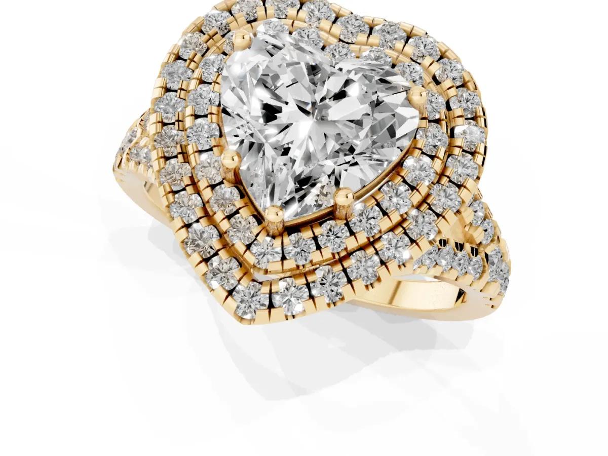 Double Halo Heart Cut Diamond Pavé Split Shank Ring with Prong Setting Yellow gold