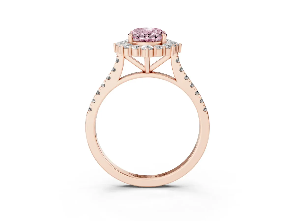 Fancy Pink Oval Cut Halo Diamond Ring with Pavé Band and Prong Setting Rose gold