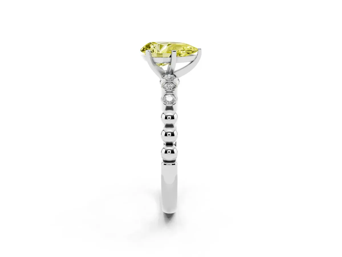 Fancy Yellow Pear Cut Solitaire Bezel Accent Diamond Engagement Ring with Beaded Band and Four-Prong Setting Platinum