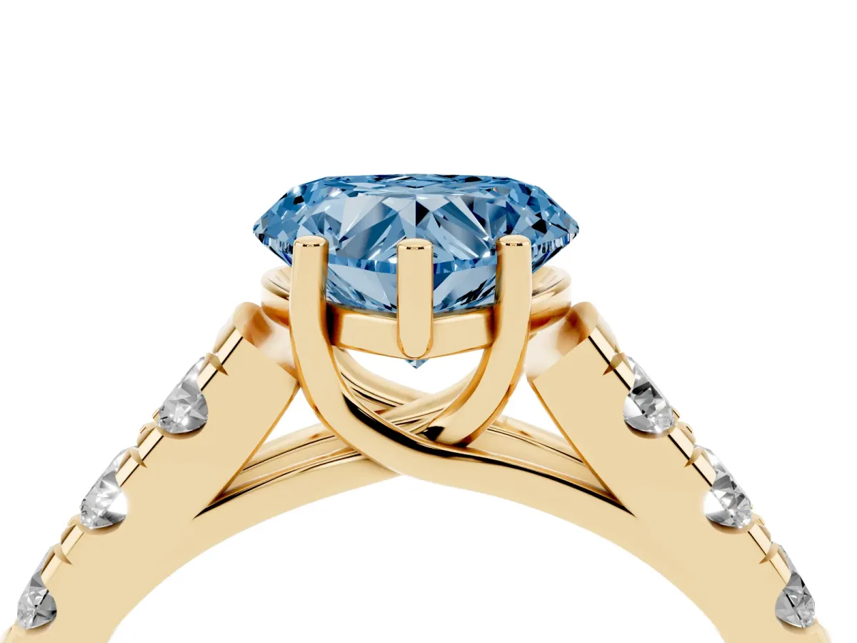 Fancy Blue Heart Cut Cut Diamond Solitaire Ring with Micro Pave Band and Prong Setting Yellow gold