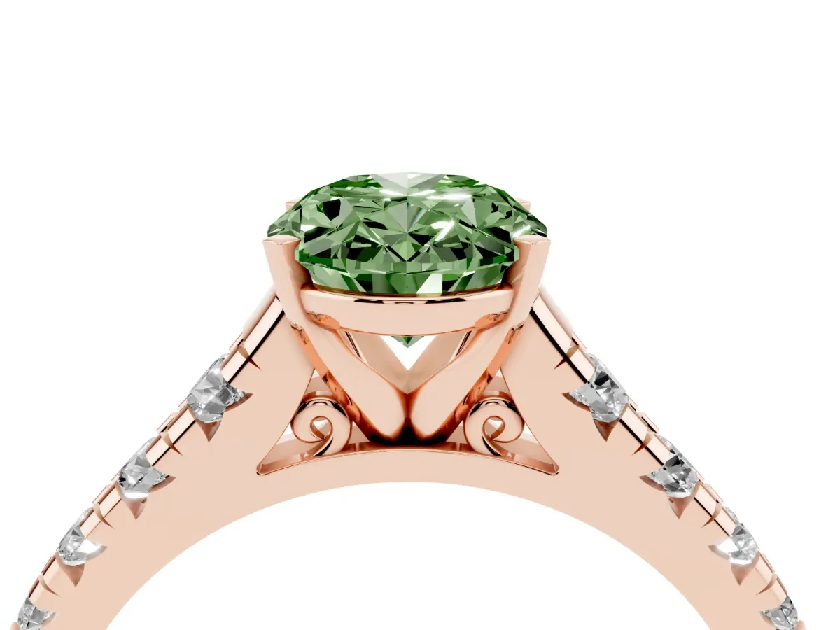 Fancy Green Oval Cut Diamond Cathedral Solitaire Ring with Round Pavé Band Rose gold