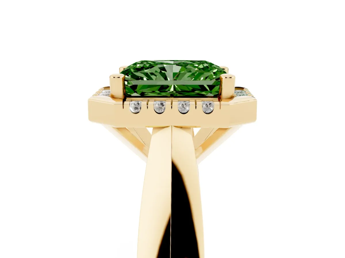 Fancy Green Radiant Cut Cut Halo Solitaire Engagement Ring with Square Band and Four-Prong Setting Yellow gold
