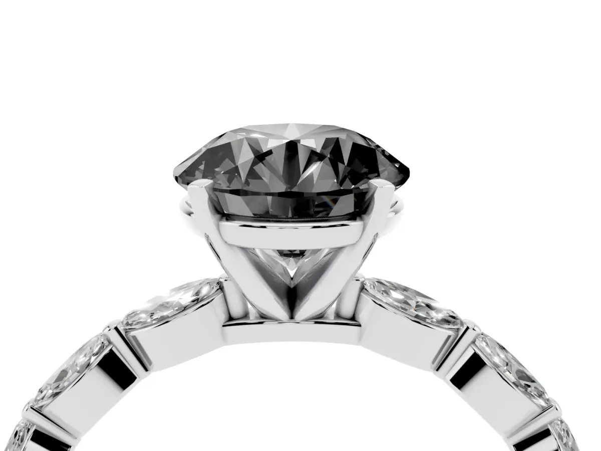 Fancy Black Round Cut Diamond Ring with Marquise Side Stones and Prong Setting Silver