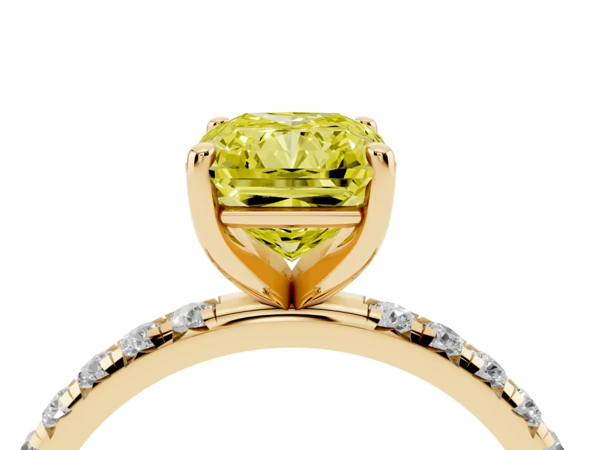 Fancy Yellow Radiant Cut Cut Diamond Solitaire Ring with Micro Pave Band and Four Prong Setting Yellow gold