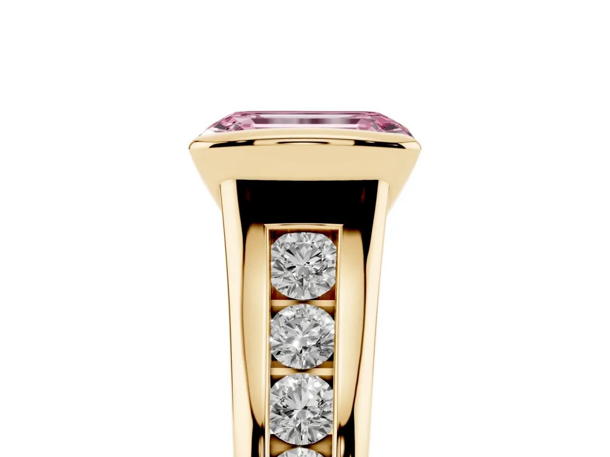 Fancy Pink Emerald Cut Solitaire Bezel-Set Diamond Ring with Channel-Set Band Yellow gold