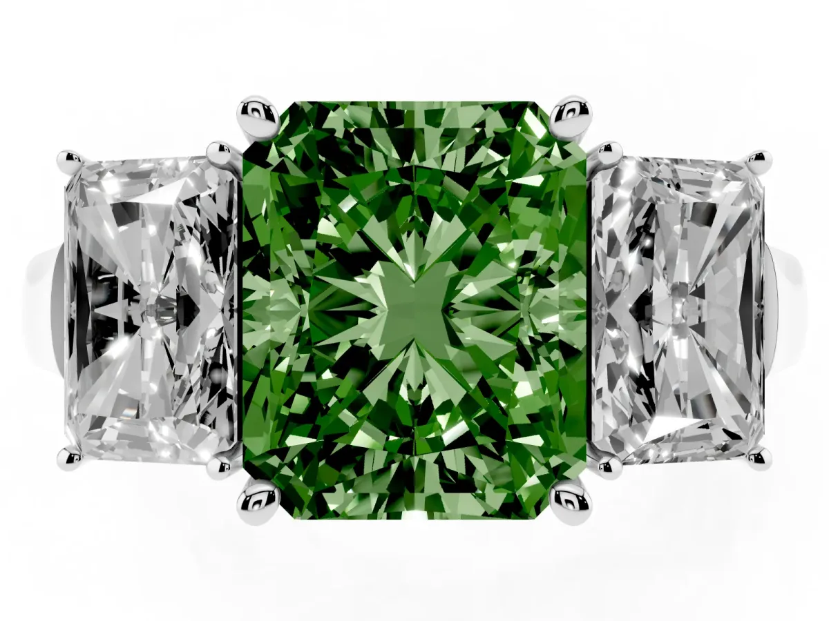 Fancy Green Three-Stone Radiant Cut Brilliant Diamond Trellis Ring with Comfort Fit Band Silver