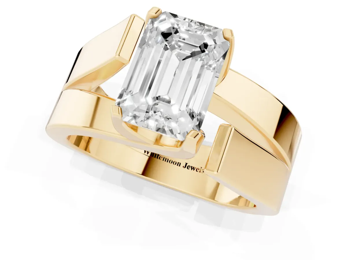Modern Tension Set Emerald Cut Diamond Solitaire Wide Band Ring Yellow gold
