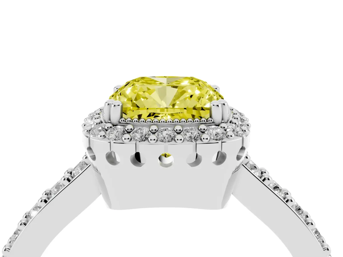 Fancy Yellow Cushion Cut Cut Diamond Halo Engagement Ring with Milgrain Detail and Pavé Band Platinum