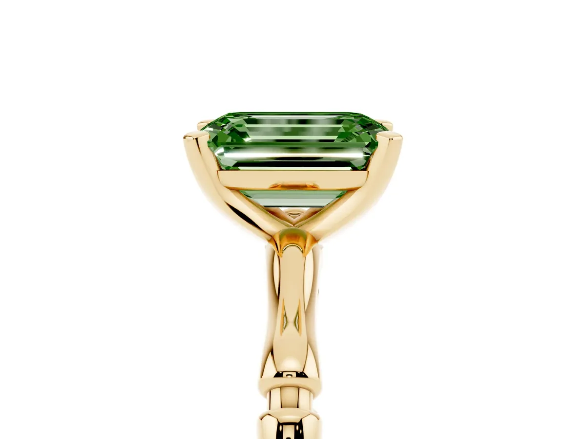 Fancy Green Emerald Cut Solitaire Diamond Ring with Bamboo Band and Four-Prong Setting Yellow gold