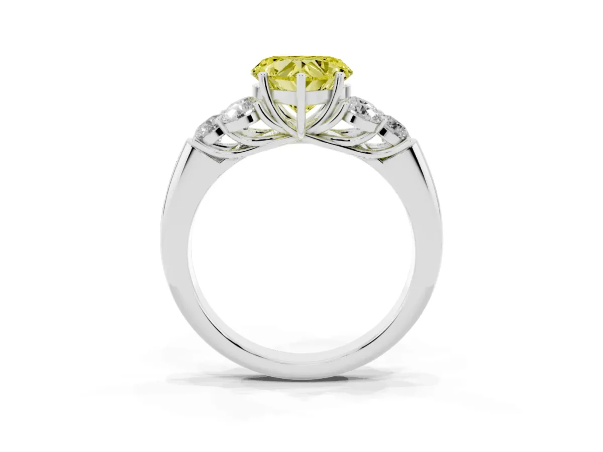 Fancy Yellow Heart Cut Cut Diamond Cluster Ring with Round Accent Stones and Prong Setting on a Classic Band White gold