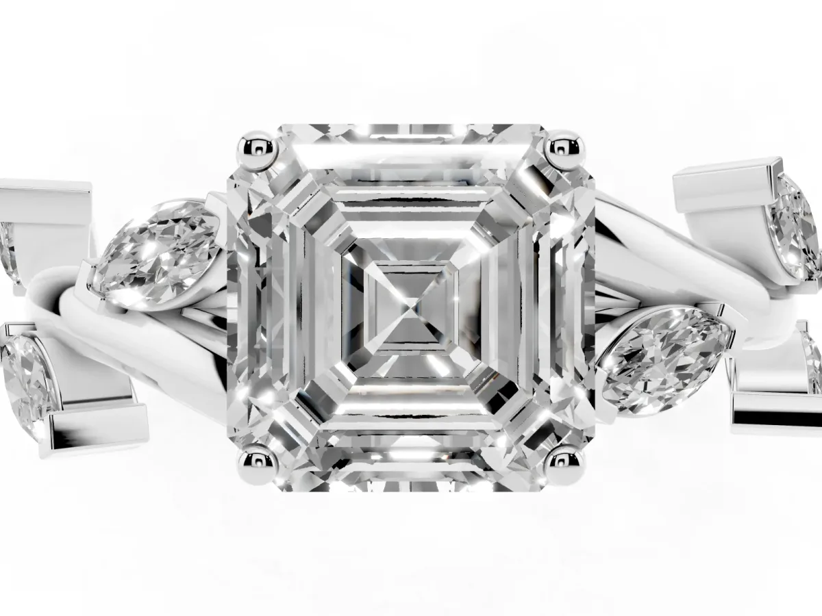 Asscher Cut Solitaire Twisted Band Marquise Accent Prong Setting Ring White gold