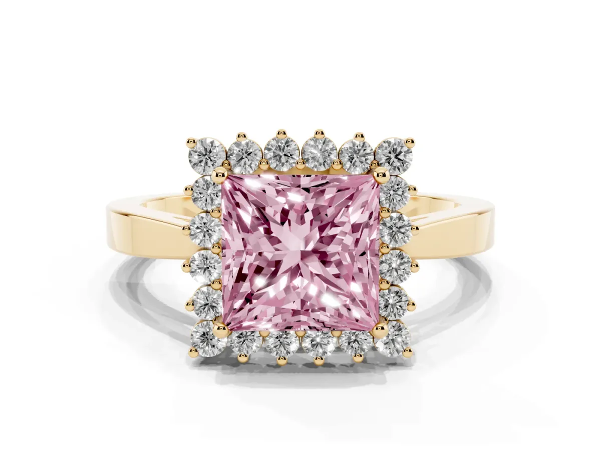 Fancy Pink Princess Cut Cut Diamond Halo Ring with Round Brilliant Halo and Solitaire Band Yellow gold