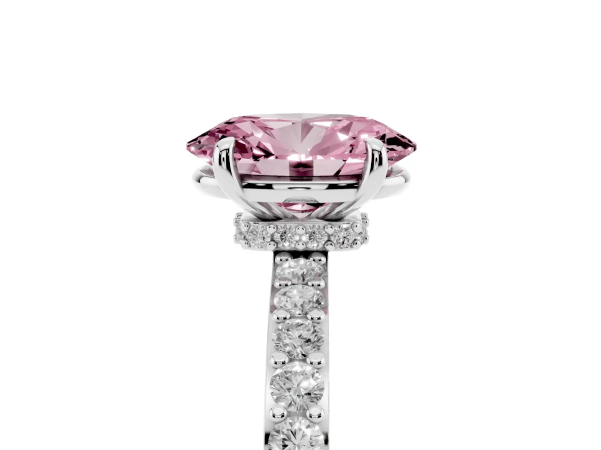 Fancy Pink Oval Cut Diamond Pavé Engagement Ring with Round Accents and Prong Setting Platinum