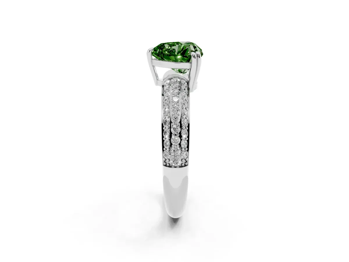 Fancy Green Heart Cut Diamond Solitaire Ring with Multi-Row Round Pavé Band and Prong Setting White gold