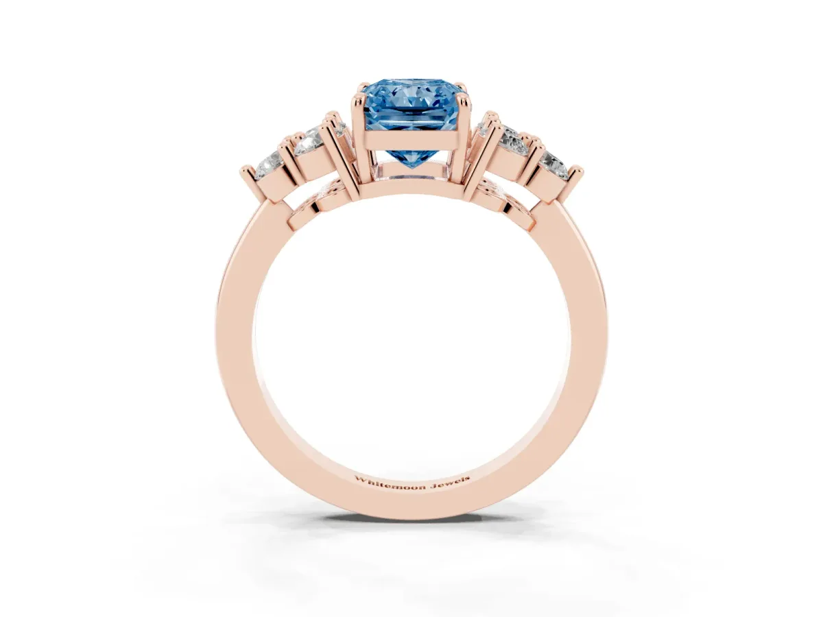 Fancy Blue Radiant Cut Brilliant Diamond Cluster Accent Solitaire Ring with Prong Setting Rose gold