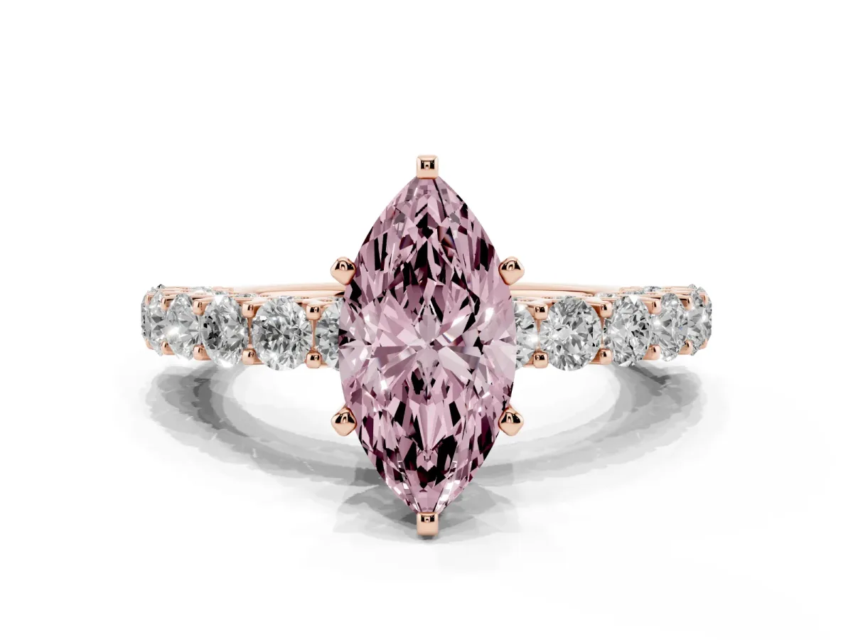 Fancy Pink Marquise Cut Diamond Solitaire Ring with Shared Prong Pavé Band and Four-Prong Setting Rose gold