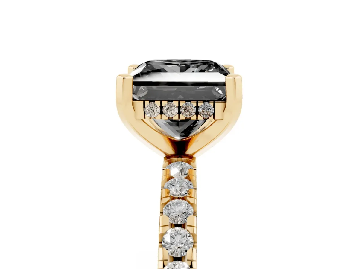 Fancy Black Princess Cut Diamond Solitaire Ring with Round Pavé Band and Four-Prong Setting Yellow gold