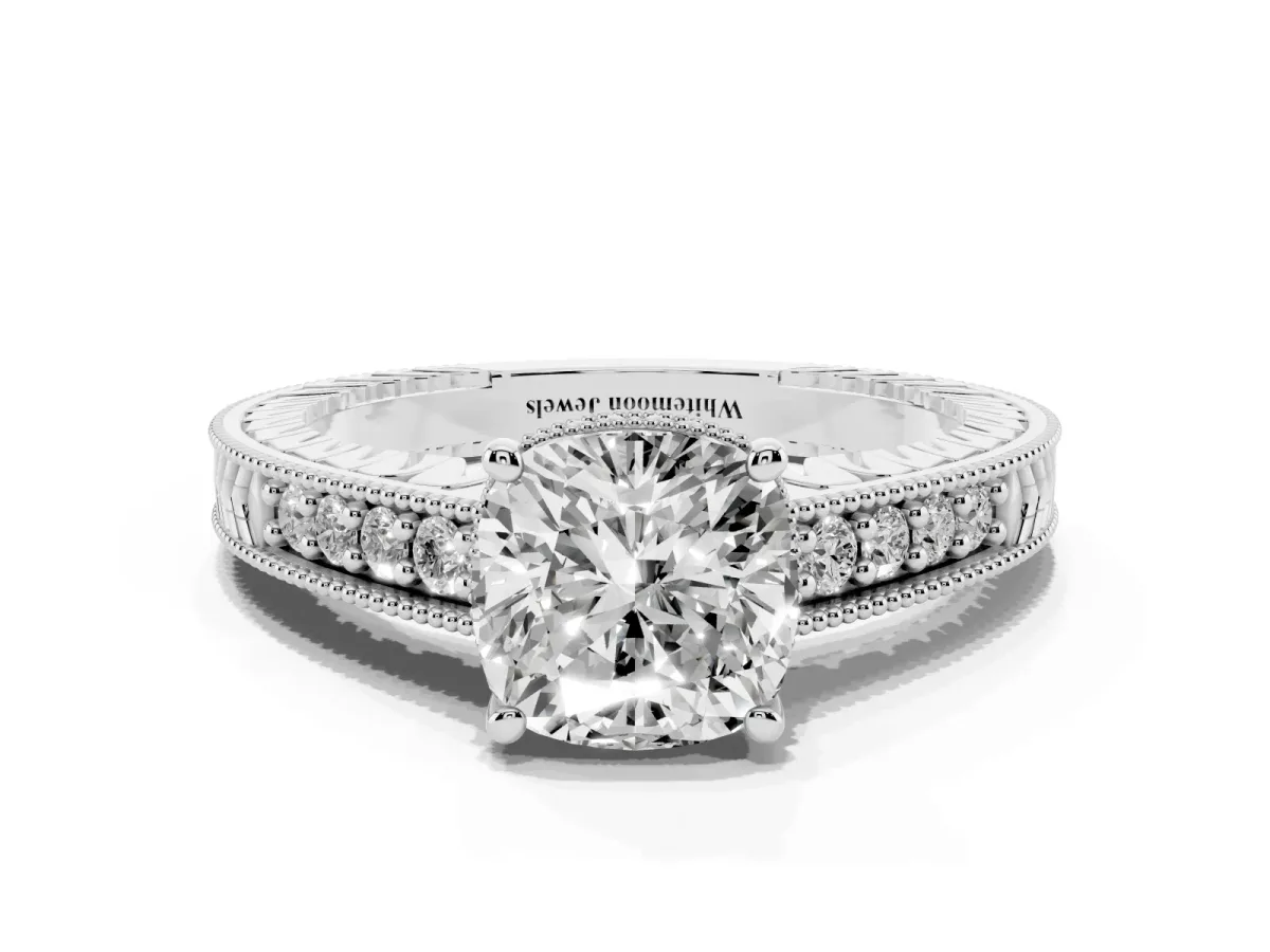 Cushion Cut Solitaire Pavé Diamond Milgrain Engagement Ring with Four-Prong Setting Silver