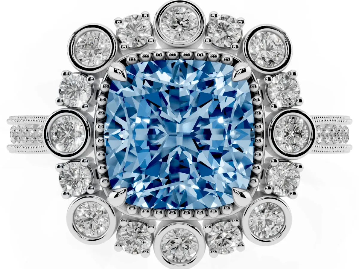 Fancy Blue Cushion Cut Halo Milgrain Pave Diamond Ring with Four-Prong Setting Silver