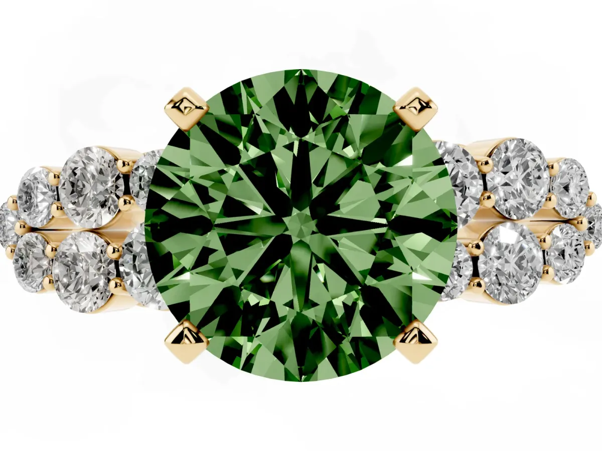 Fancy Green Round Cut Cluster Diamond Engagement Ring with Pavé Band and Four-Prong Setting Yellow gold