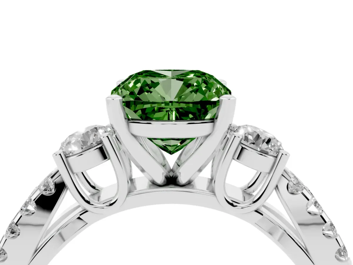 Fancy Green Cushion Cut Diamond Three-Stone Ring with Pavé Split Shank and Four-Prong Setting Platinum