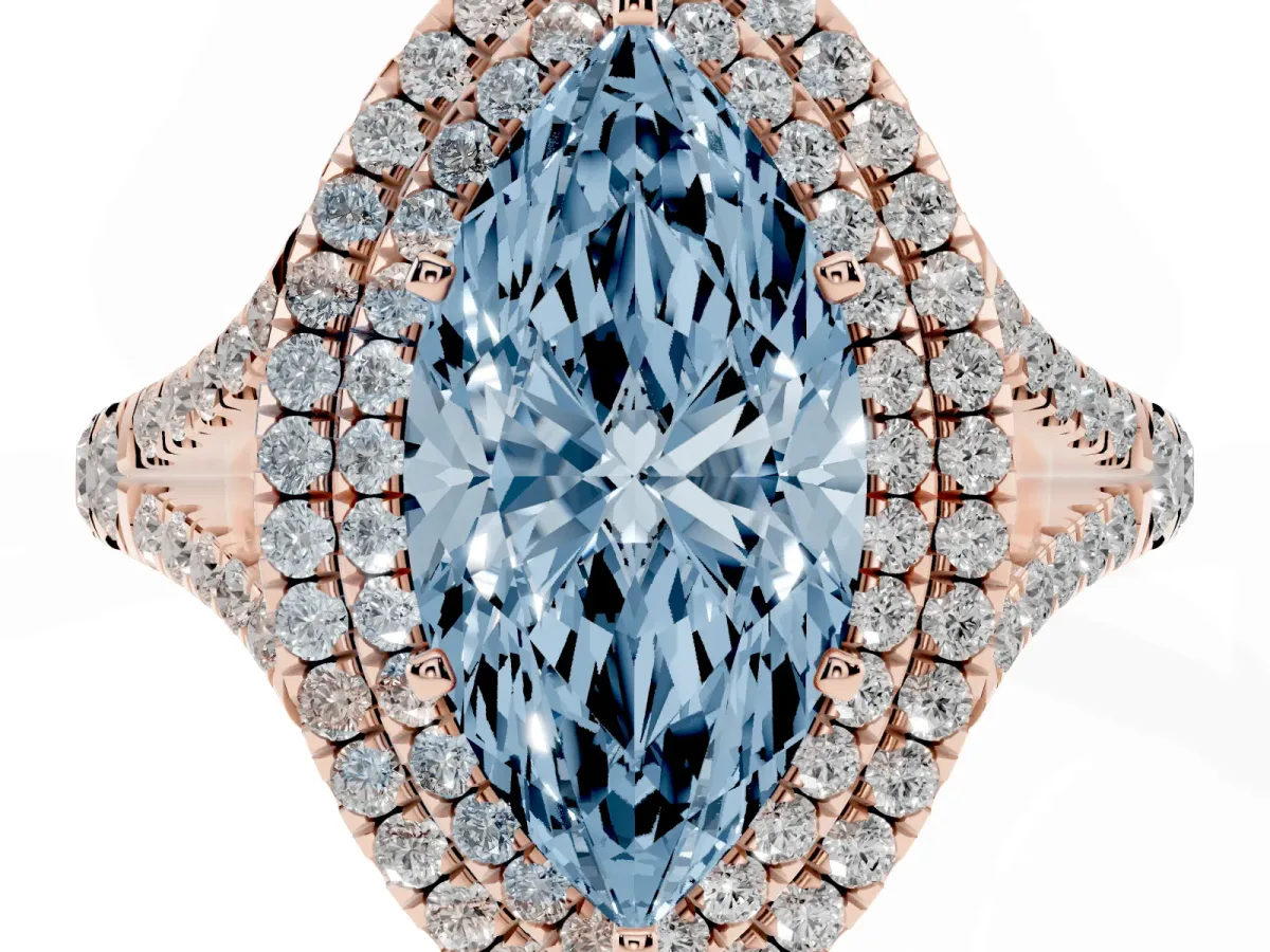 Fancy Blue Double Halo Marquise Cut Diamond Split Shank Engagement Ring with Four-Prong Setting Rose gold