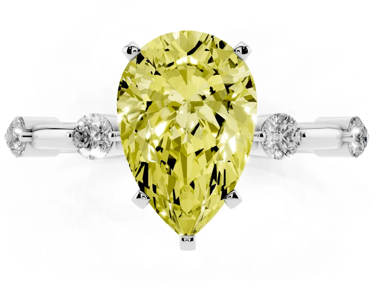 Fancy Yellow Pear Cut Solitaire Diamond Ring with Bezel Set Side Stones and Prong Setting Platinum