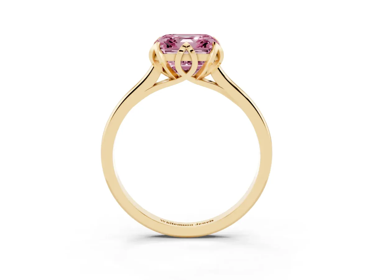 Fancy Pink Asscher Cut Diamond Solitaire Ring with Flower Prong Setting and Classic Band Yellow gold