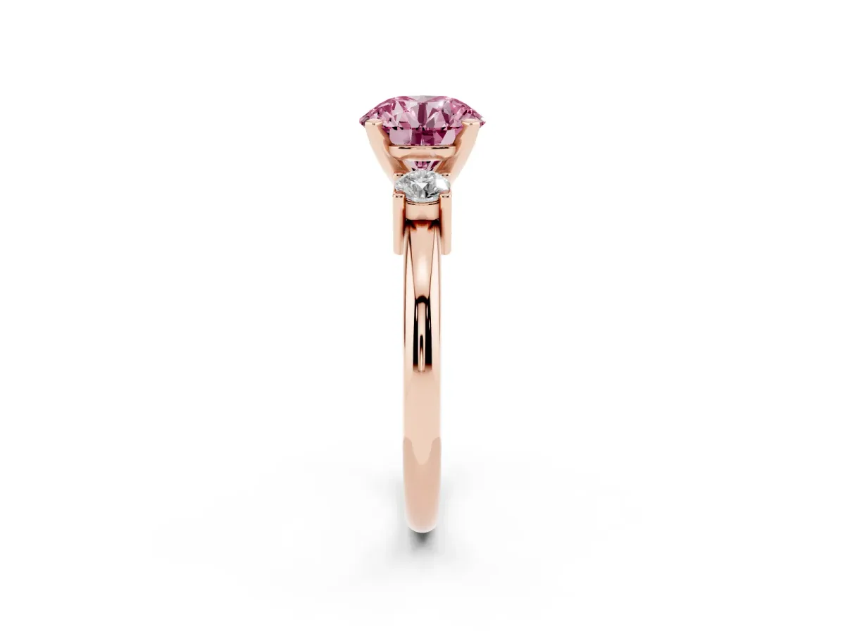 Fancy Pink Three-Stone Round Cut Cut Diamond Solitaire with Prong Setting and Classic Band Rose gold