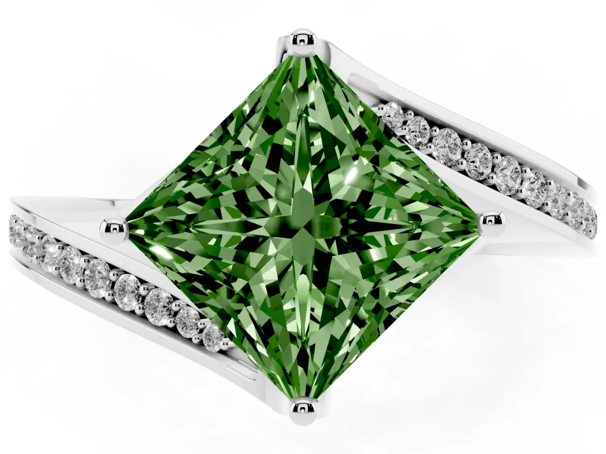 Fancy Green Princess Cut Solitaire Diamond Twist Band with Pavé Setting and Four-Prong Setting Silver