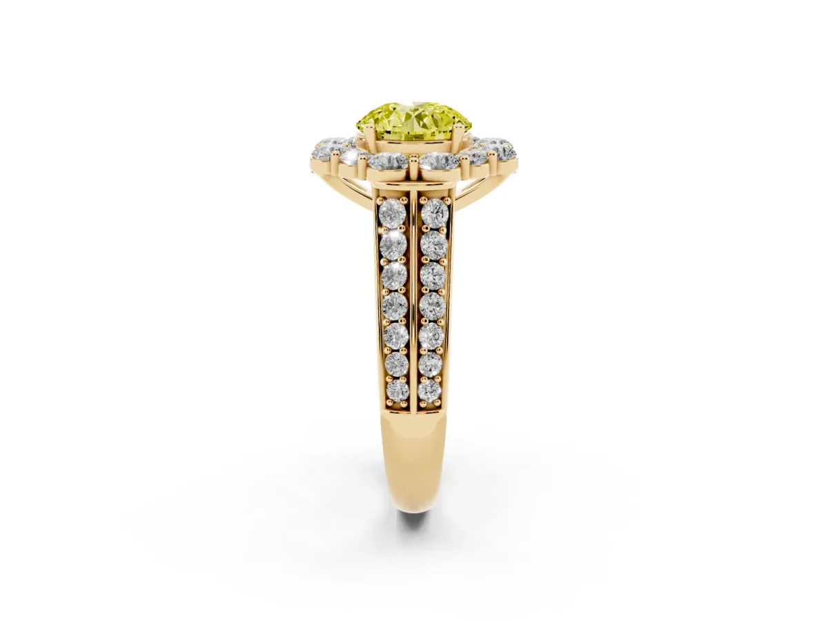 Fancy Yellow Round Cut Halo Diamond Engagement Ring with Split Shank and Prong Setting Yellow gold