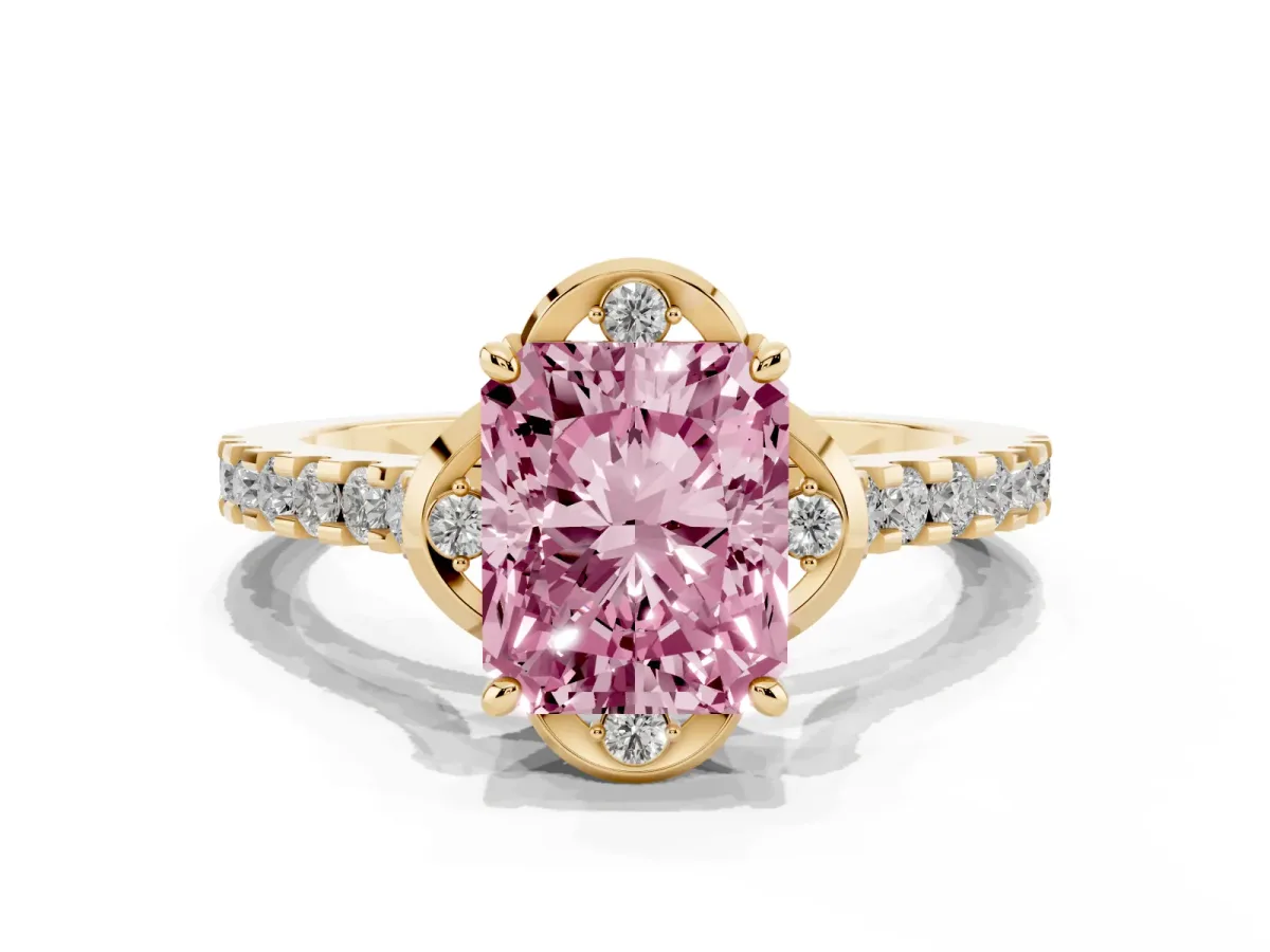Fancy Pink Radiant Cut Diamond Ring with Pavé Band and Floral Prong Setting Yellow gold
