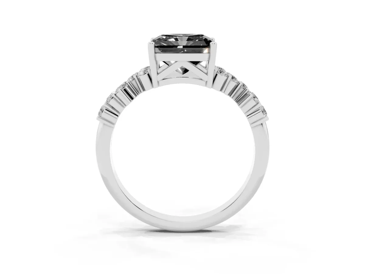 Fancy Black Radiant Cut Diamond Scattered Round Accent Ring with Prong Setting White gold