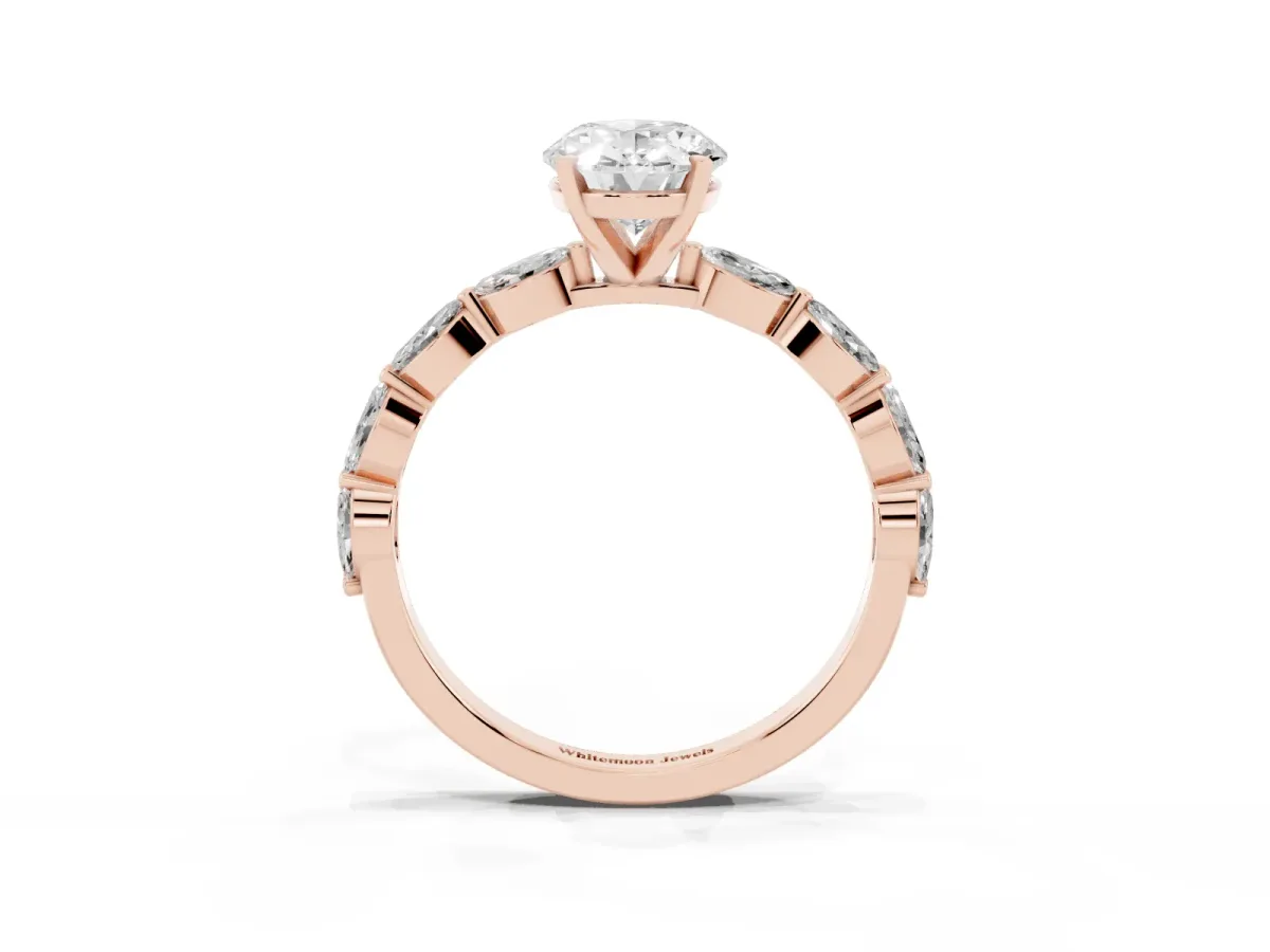 Oval Cut Diamond Ring with Marquise Side Stones and Prong Setting Rose gold