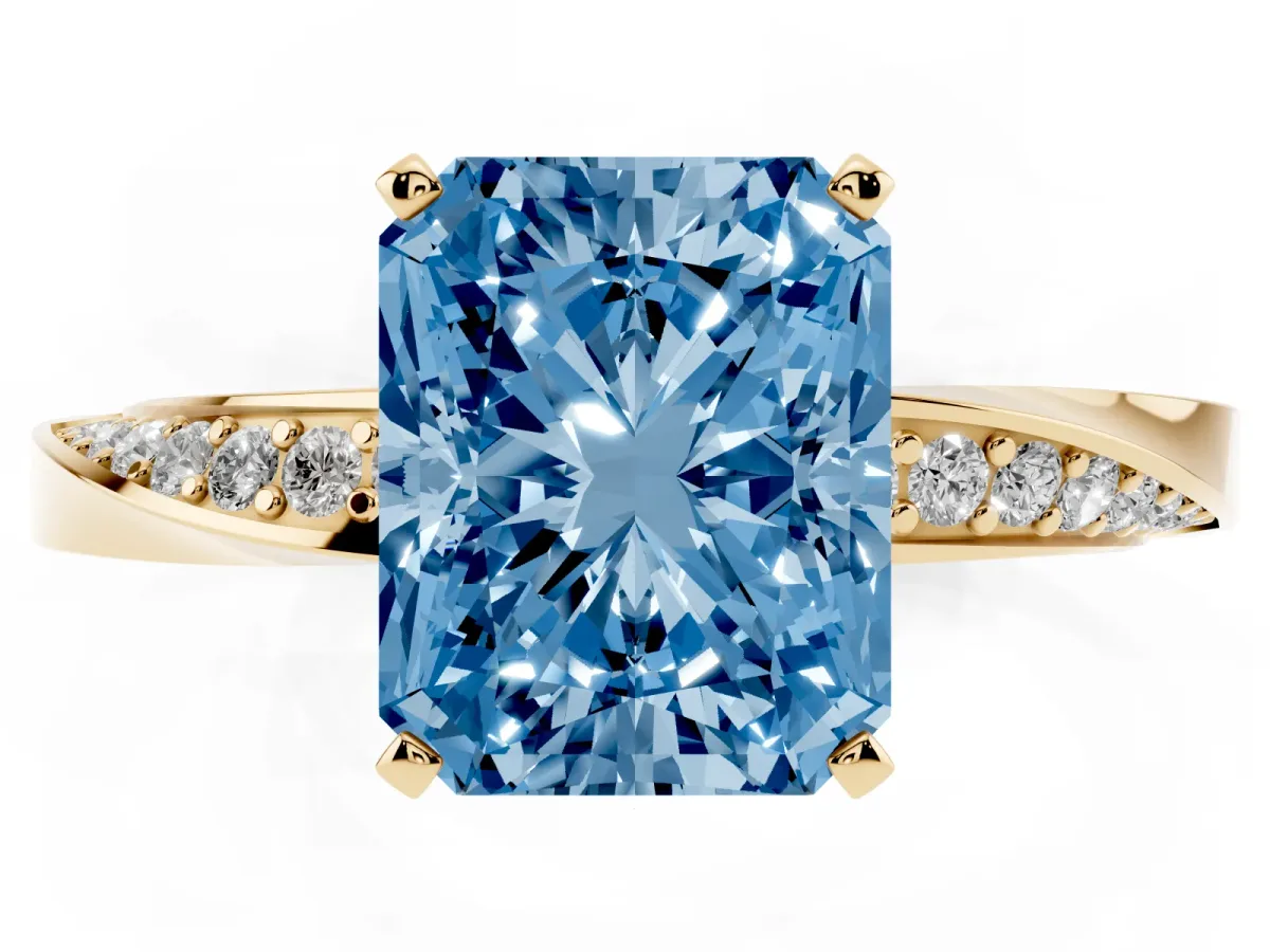 Fancy Blue Radiant Cut Diamond Engagement Ring with Side Stone Accents and Four-Prong Setting Yellow gold