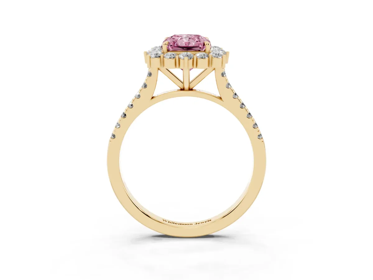 Fancy Pink Radiant Cut Halo Diamond Ring with Pavé Band and Prong Setting Yellow gold