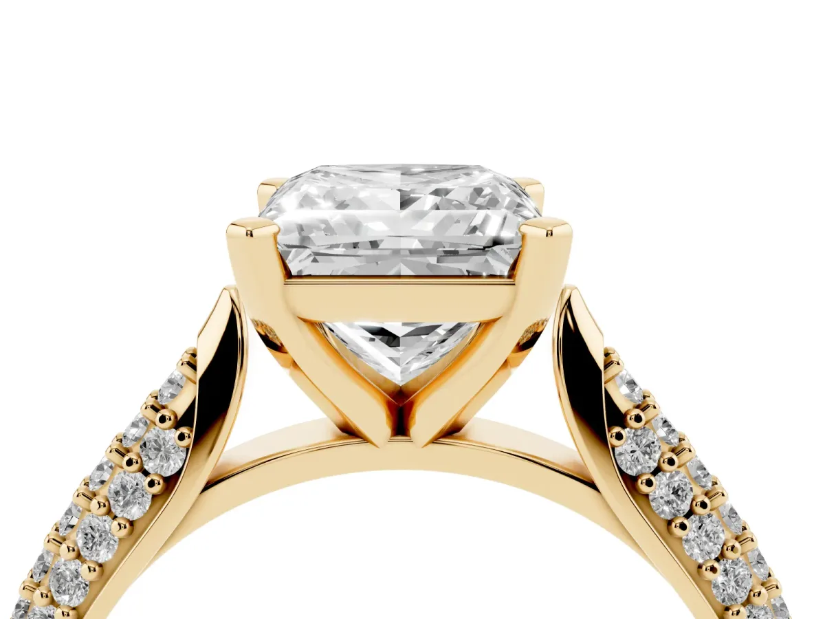 Princess Cut Diamond Solitaire Engagement Ring with Multi-Row Round Pavé Band and Prong Setting Yellow gold