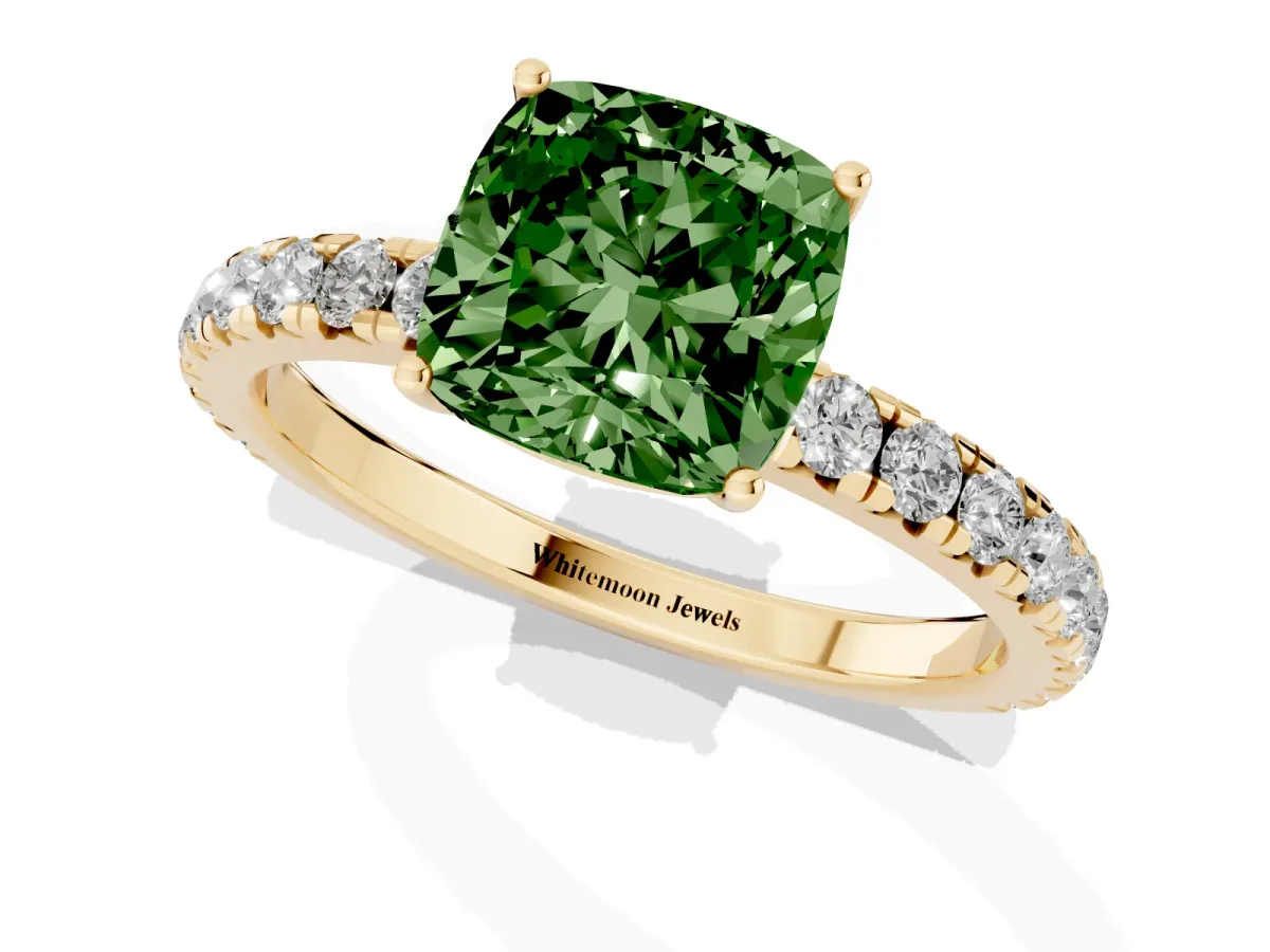 Fancy Green Cushion Cut Diamond Pavé Solitaire Engagement Ring with Four-Prong Setting Yellow gold