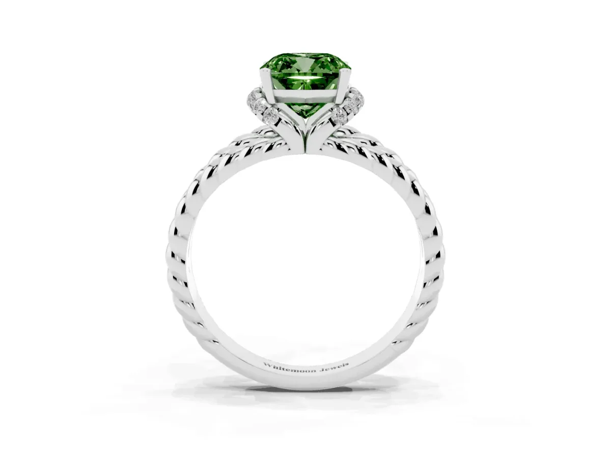 Fancy Green Cushion Cut Halo Twisted Band Four-Prong Ring Silver